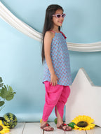 Blue floral sleeveless tie on Kurti with  Pink Dhoti