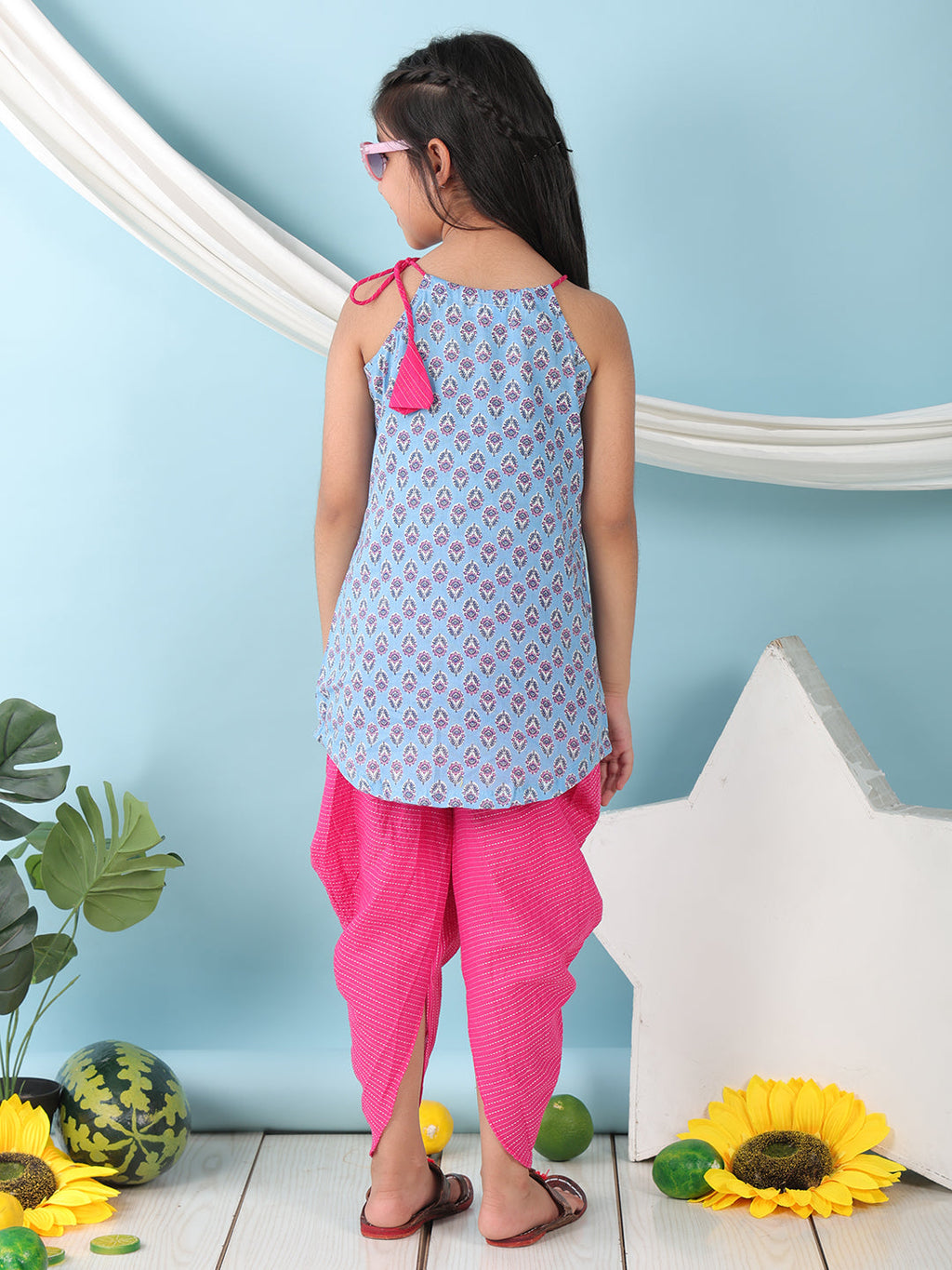 Blue floral sleeveless tie on Kurti with  Pink Dhoti