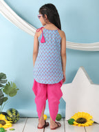 Blue floral sleeveless tie on Kurti with  Pink Dhoti