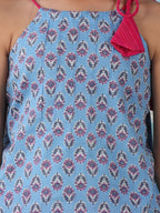 Blue floral sleeveless tie on Kurti with  Pink Dhoti
