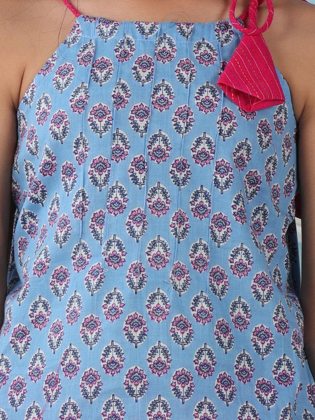 Blue floral sleeveless tie on Kurti with  Pink Dhoti
