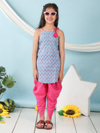 Blue floral sleeveless tie on Kurti with  Pink Dhoti