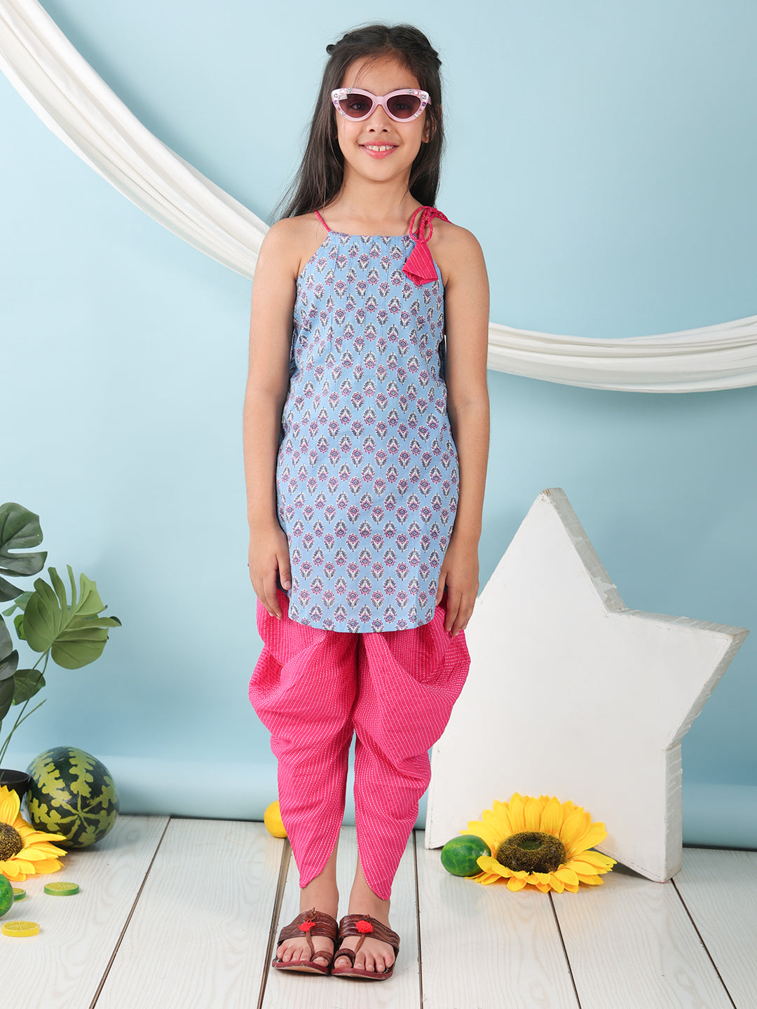 Blue floral sleeveless tie on Kurti with  Pink Dhoti
