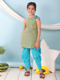 Green floral sleeveless tie on Kurti with Blue Dhoti