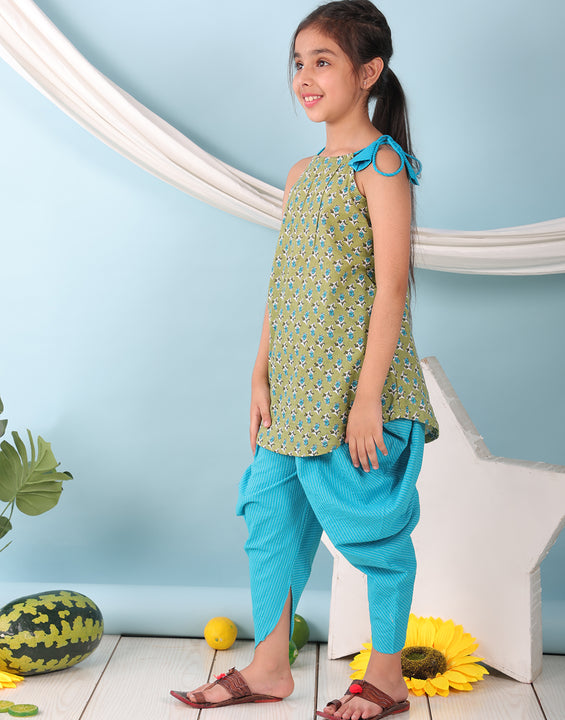Green floral sleeveless tie on Kurti with Blue Dhoti