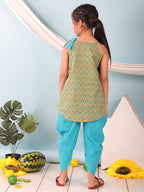 Green floral sleeveless tie on Kurti with Blue Dhoti