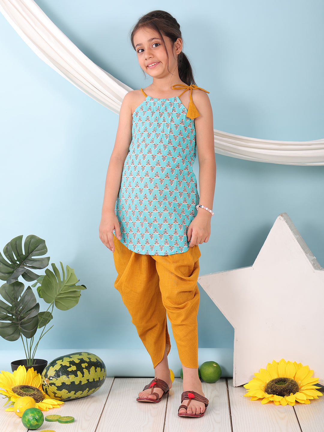 Blue floral sleeveless tie on Kurti with  Yellow Dhoti