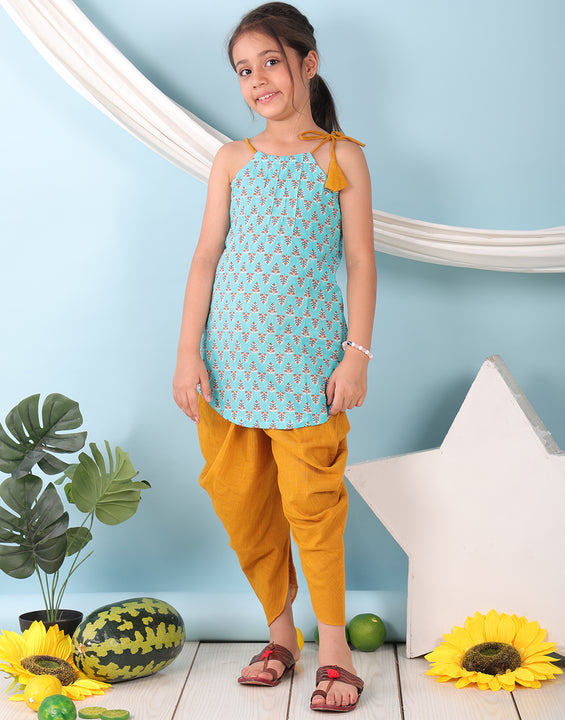 Blue floral sleeveless tie on Kurti with  Yellow Dhoti