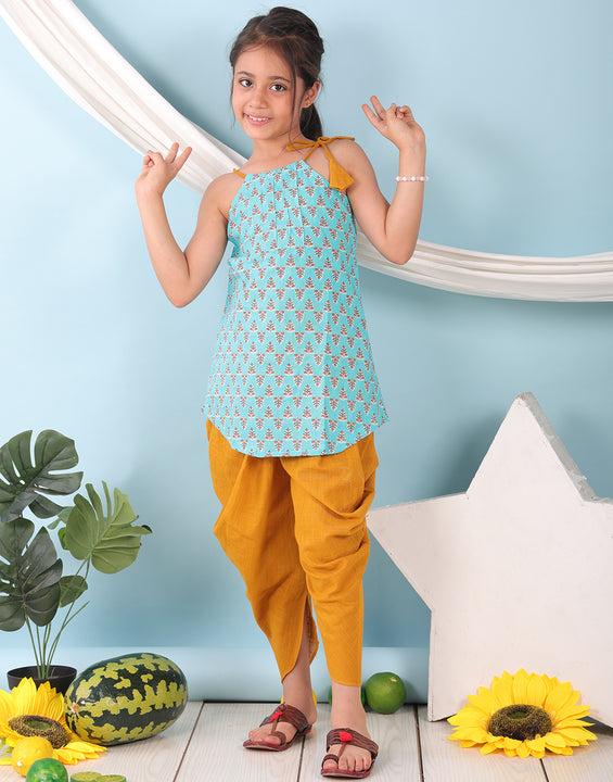 Blue floral sleeveless tie on Kurti with  Yellow Dhoti