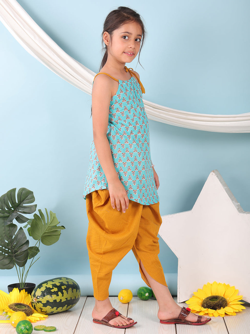 Blue floral sleeveless tie on Kurti with  Yellow Dhoti
