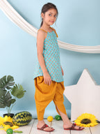 Blue floral sleeveless tie on Kurti with  Yellow Dhoti