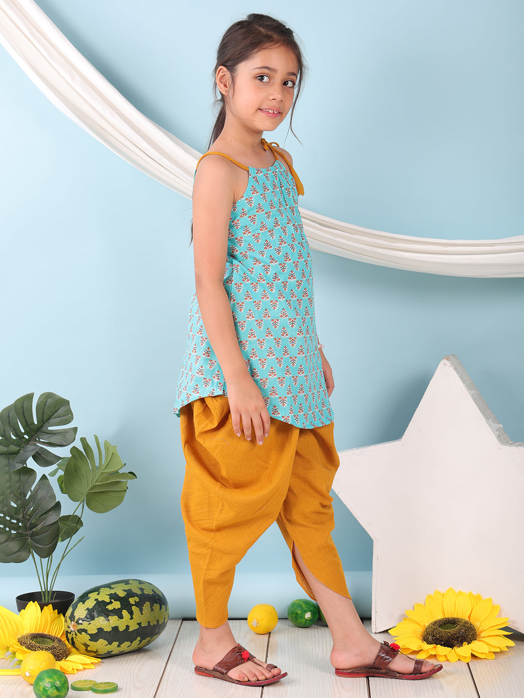 Blue floral sleeveless tie on Kurti with  Yellow Dhoti