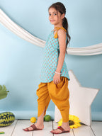 Blue floral sleeveless tie on Kurti with  Yellow Dhoti