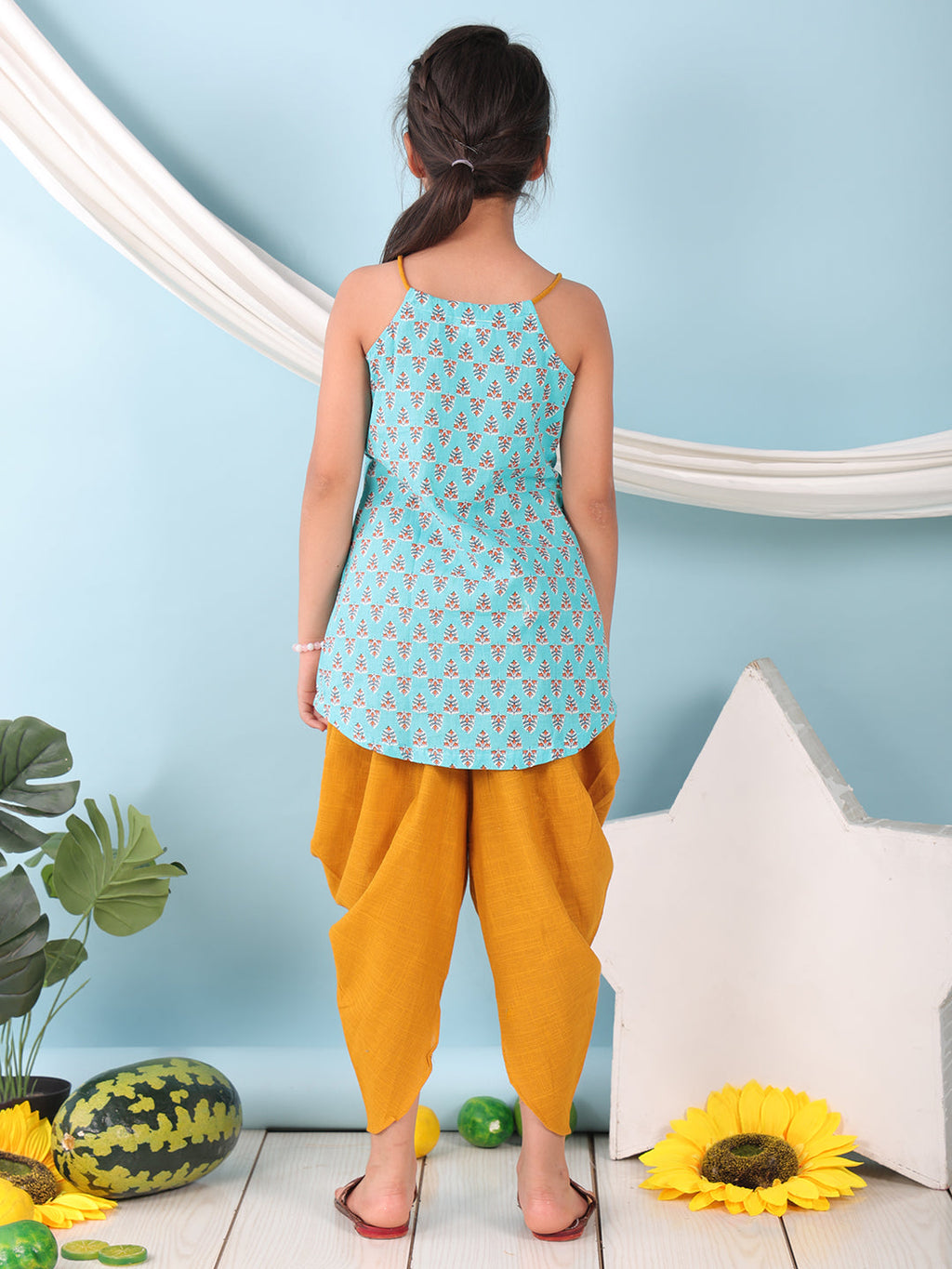 Blue floral sleeveless tie on Kurti with  Yellow Dhoti