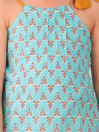 Blue floral sleeveless tie on Kurti with  Yellow Dhoti