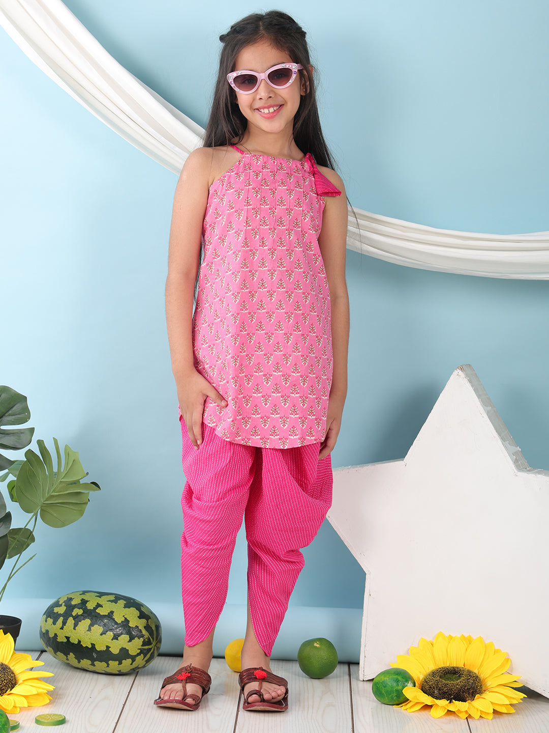 Pink floral sleeveless tie on Kurti with  Pink Dhoti