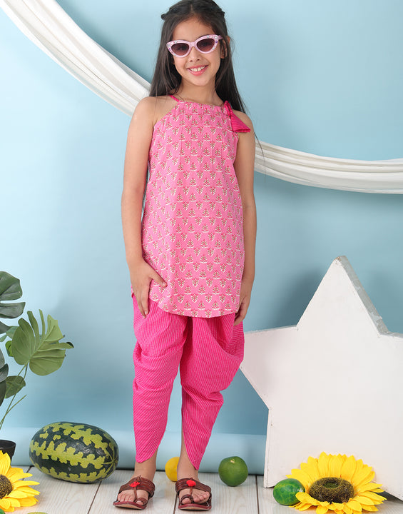 Pink floral sleeveless tie on Kurti with  Pink Dhoti