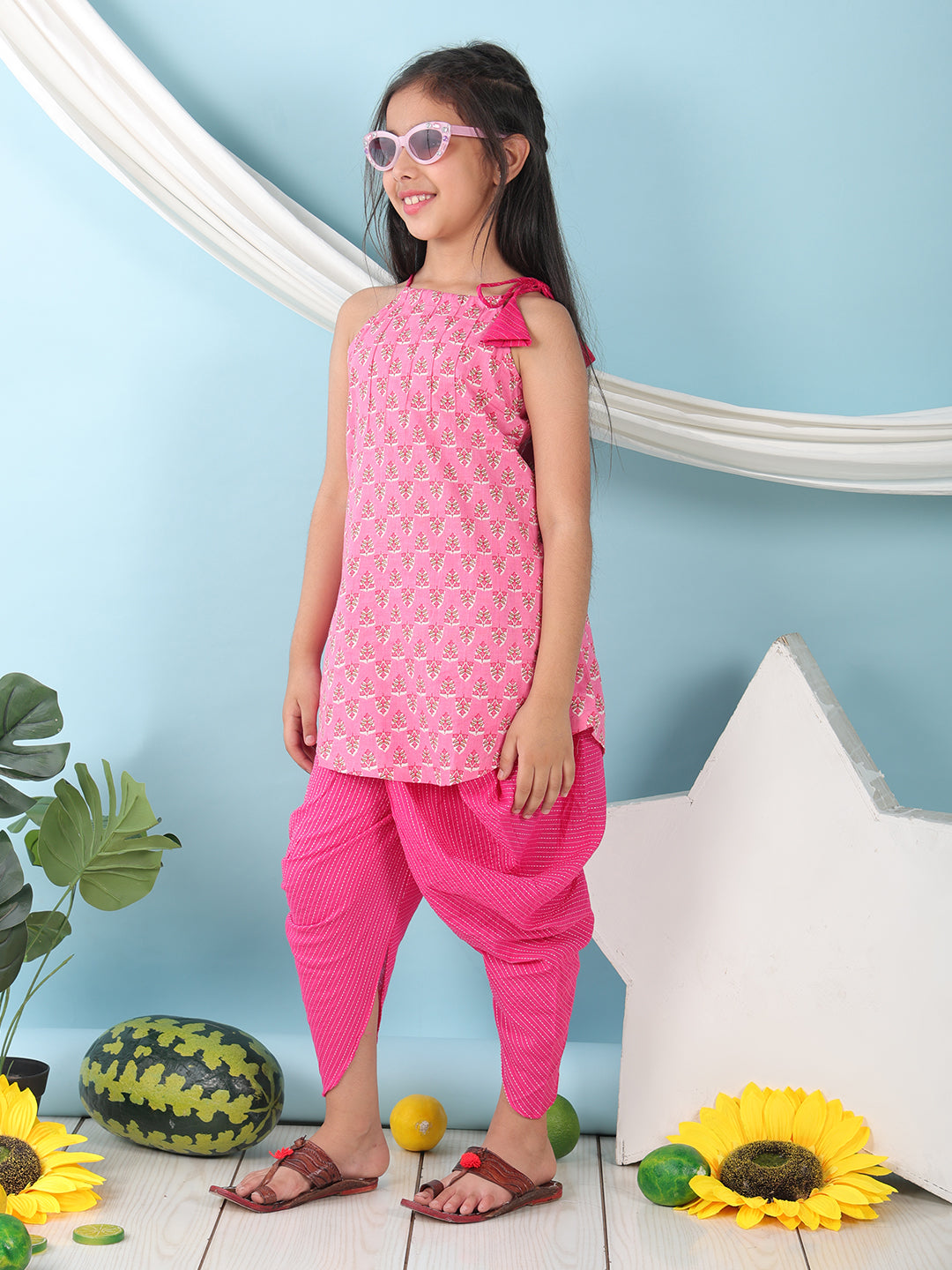 Pink floral sleeveless tie on Kurti with  Pink Dhoti