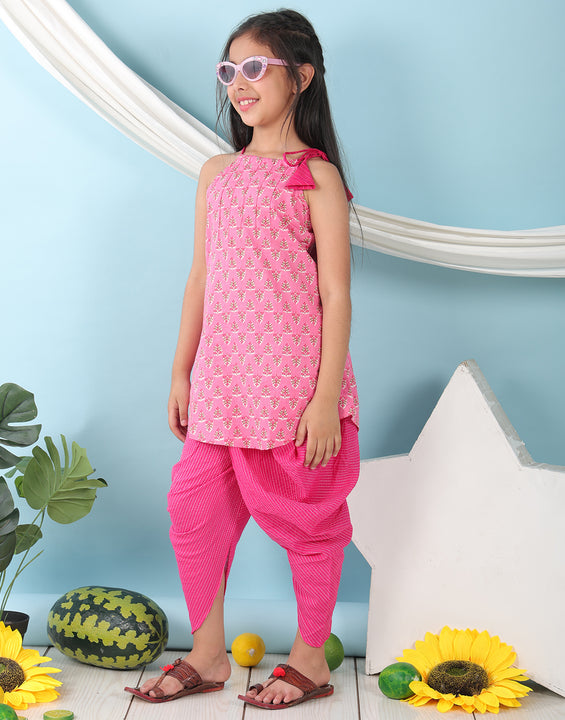 Pink floral sleeveless tie on Kurti with  Pink Dhoti
