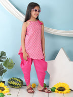 Pink floral sleeveless tie on Kurti with  Pink Dhoti