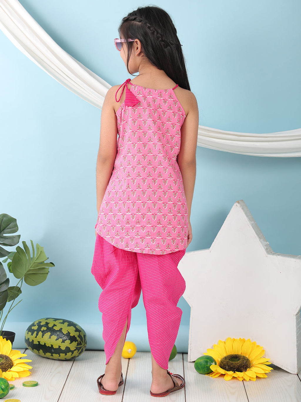 Pink floral sleeveless tie on Kurti with  Pink Dhoti