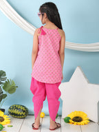 Pink floral sleeveless tie on Kurti with  Pink Dhoti
