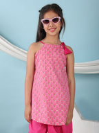 Pink floral sleeveless tie on Kurti with  Pink Dhoti