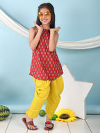 Red floral sleeveless tie on Kurti with Yellow Dhoti
