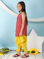 Red floral sleeveless tie on Kurti with Yellow Dhoti