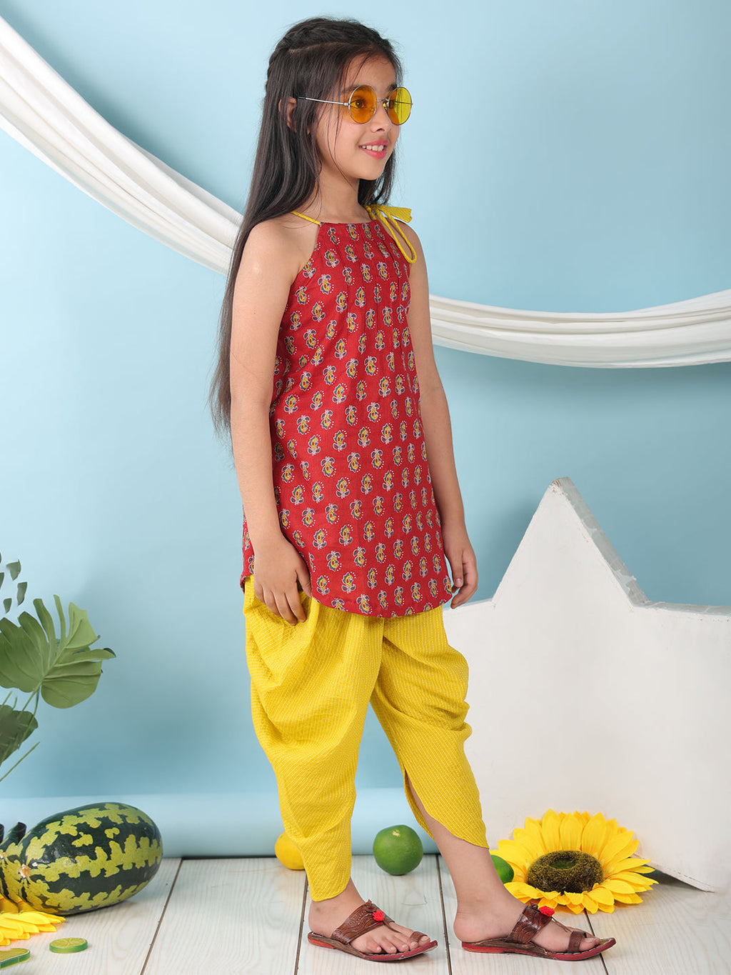 Red floral sleeveless tie on Kurti with Yellow Dhoti