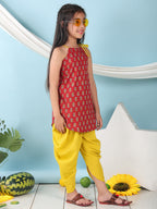 Red floral sleeveless tie on Kurti with Yellow Dhoti