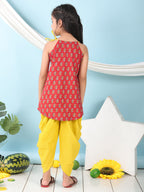 Red floral sleeveless tie on Kurti with Yellow Dhoti