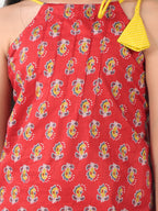 Red floral sleeveless tie on Kurti with Yellow Dhoti