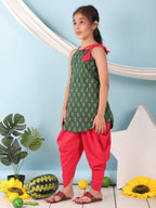 Green floral sleeveless tie on Kurti with Red Dhoti