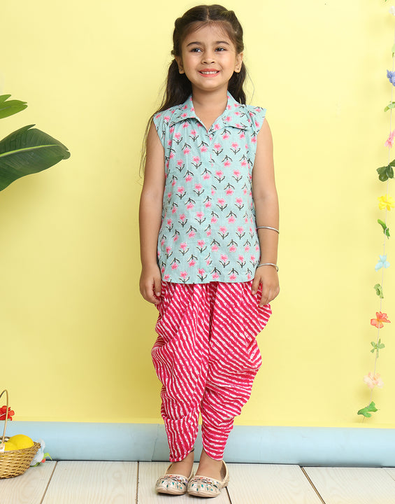 Green Floral Printed sleeveless Kurti  paired with Pink lehriya Dhoti