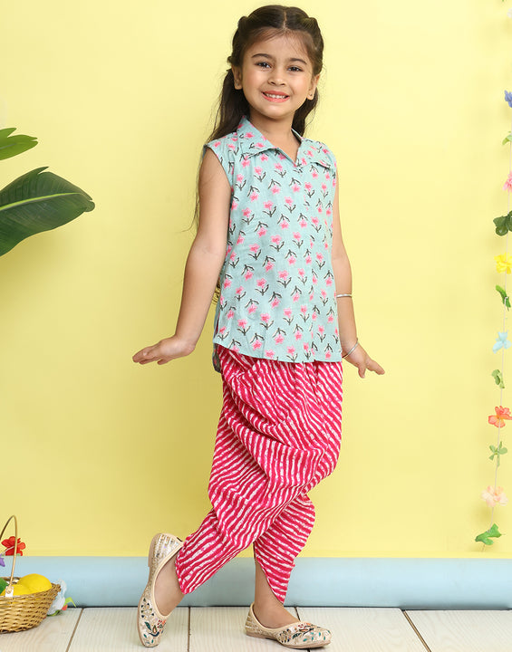 Green Floral Printed sleeveless Kurti  paired with Pink lehriya Dhoti