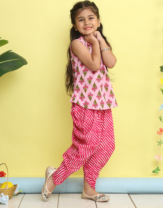 Pink Floral Printed sleeveless Kurti  paired with Pink lehriya Dhoti
