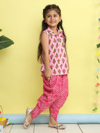 Pink Floral Printed sleeveless Kurti  paired with Pink lehriya Dhoti