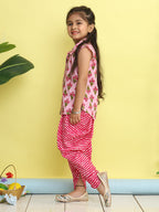 Pink Floral Printed sleeveless Kurti  paired with Pink lehriya Dhoti