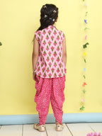 Pink Floral Printed sleeveless Kurti  paired with Pink lehriya Dhoti