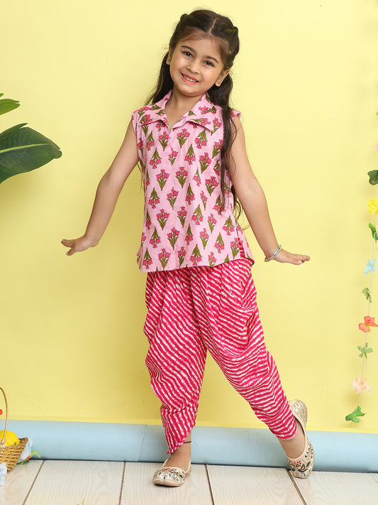 Pink Floral Printed sleeveless Kurti  paired with Pink lehriya Dhoti