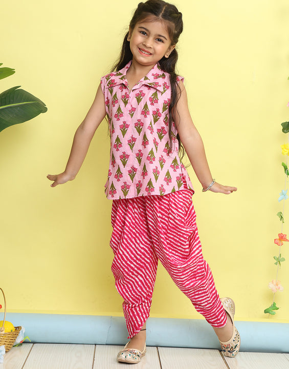 Pink Floral Printed sleeveless Kurti  paired with Pink lehriya Dhoti