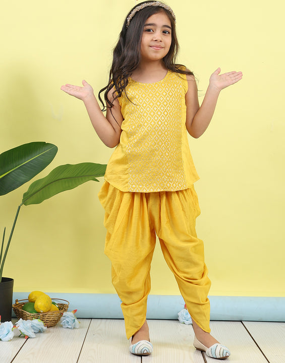 Yellow Jaquard sleeveless kurti with yellow dhoti pant