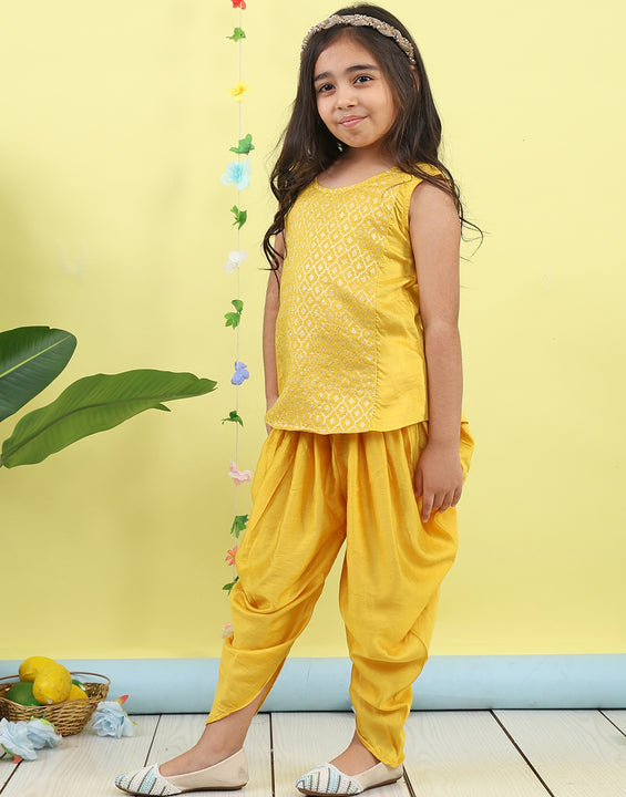 Yellow Jaquard sleeveless kurti with yellow dhoti pant