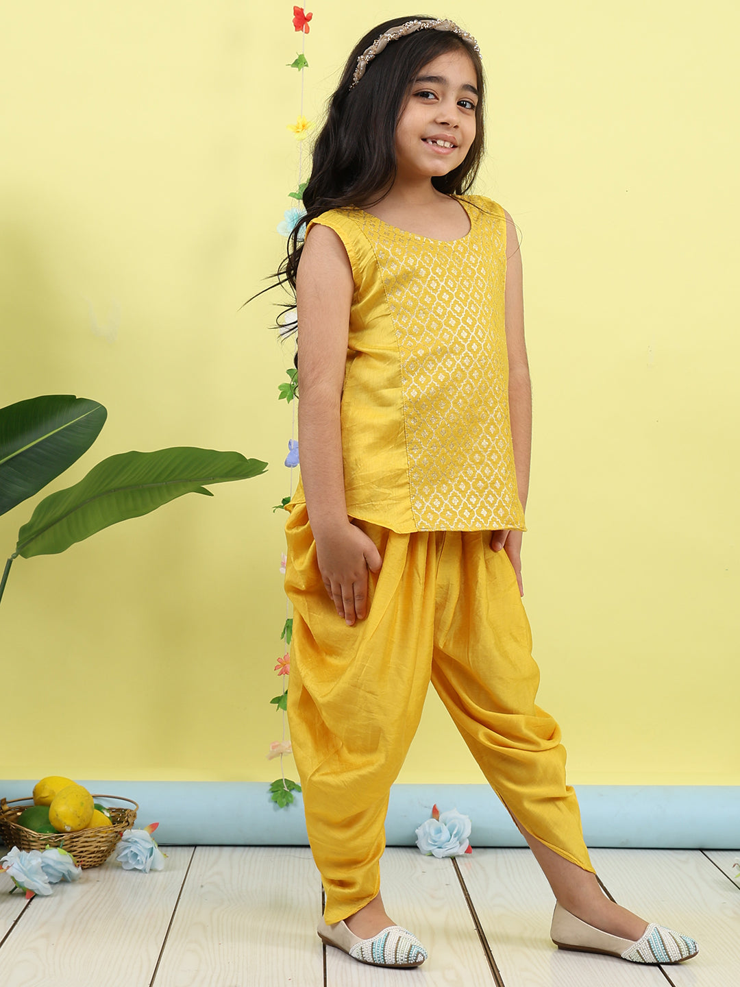 Yellow Jaquard sleeveless kurti with yellow dhoti pant