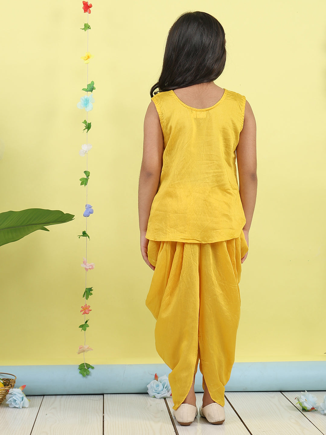 Yellow Jaquard sleeveless kurti with yellow dhoti pant