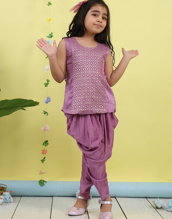 Purple Jaquard sleeveless kurti with purple dhoti pant