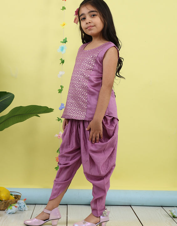 Purple Jaquard sleeveless kurti with purple dhoti pant