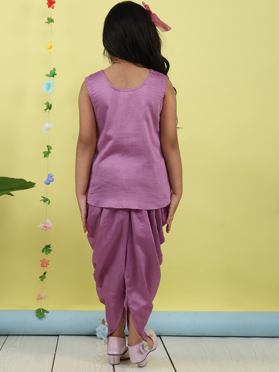Purple Jaquard sleeveless kurti with purple dhoti pant