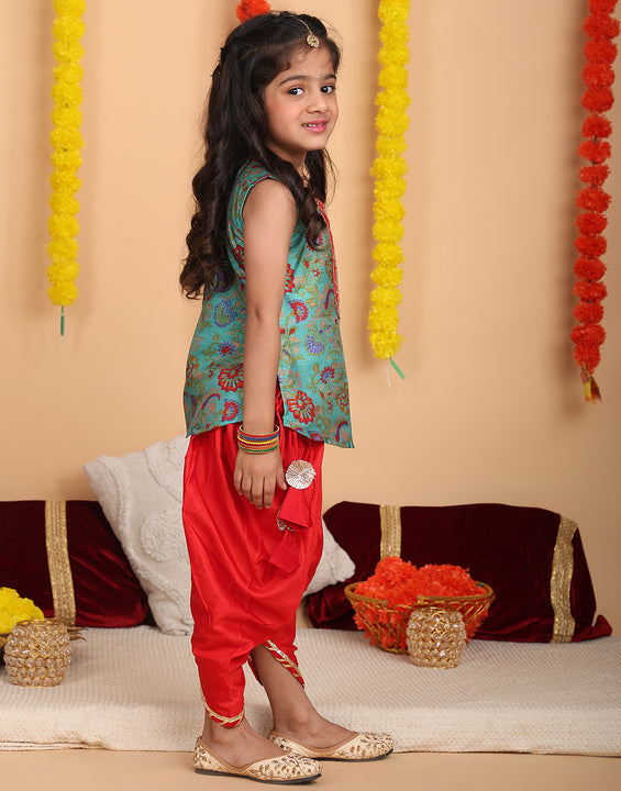 Green printed sleeveless kurti with Red dhoti